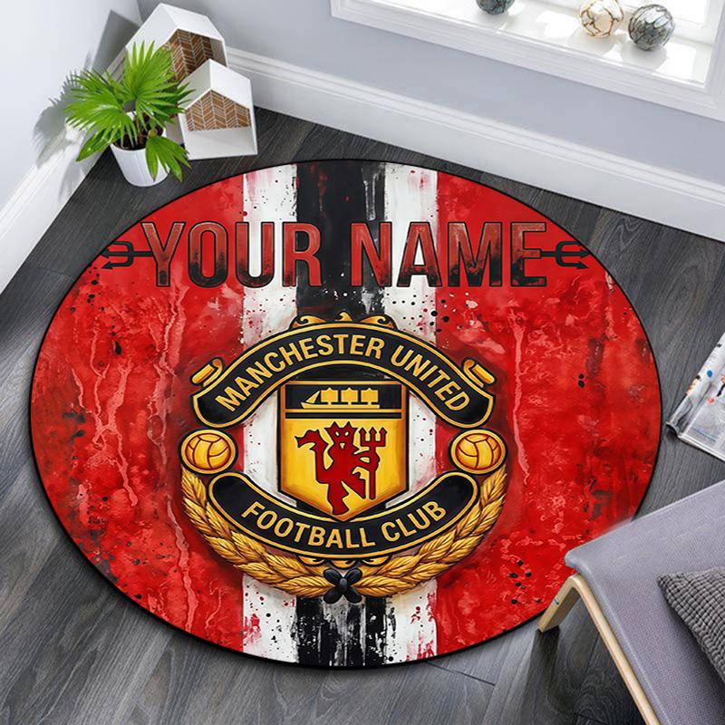 Custom Name Manchester United Round Area Rug,Carpet Rug for Living Room Bedroom Sofa Playroom Decor,Non-slip Floor Mat
