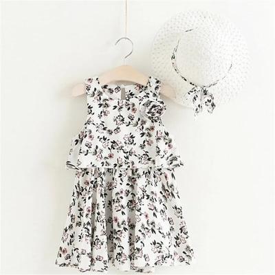 2-6Y Sommer Kinder Druck Kleider Hut Chiffon Ärmellose Prinzessin Blumen Kleid für Mädchen Strand Kinder Kleidung der 2024 Neue