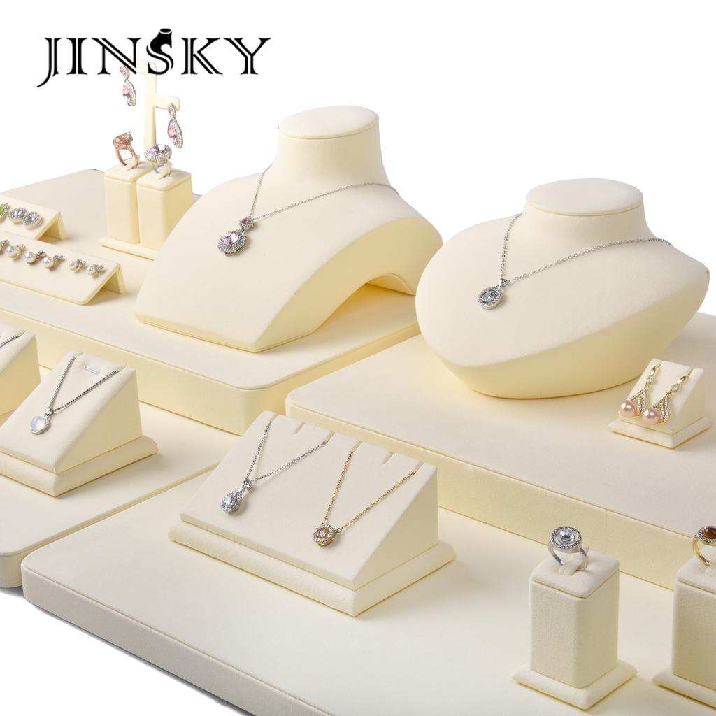 Jinsky Beige Custom Modern Adjustable Recyclable Jewelry Display Set Microfiber Bust Stand Necklace Earring Ring Holder Counter
