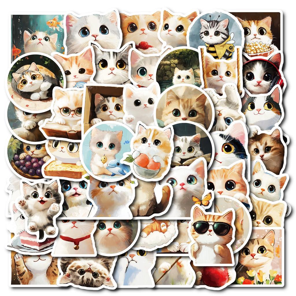 50 Oil Paintings Cat Graffiti Stickers Cute Round Face Kitten Waterproof Decorative Stickers DIY Refrigerator Skateboard Flat Board