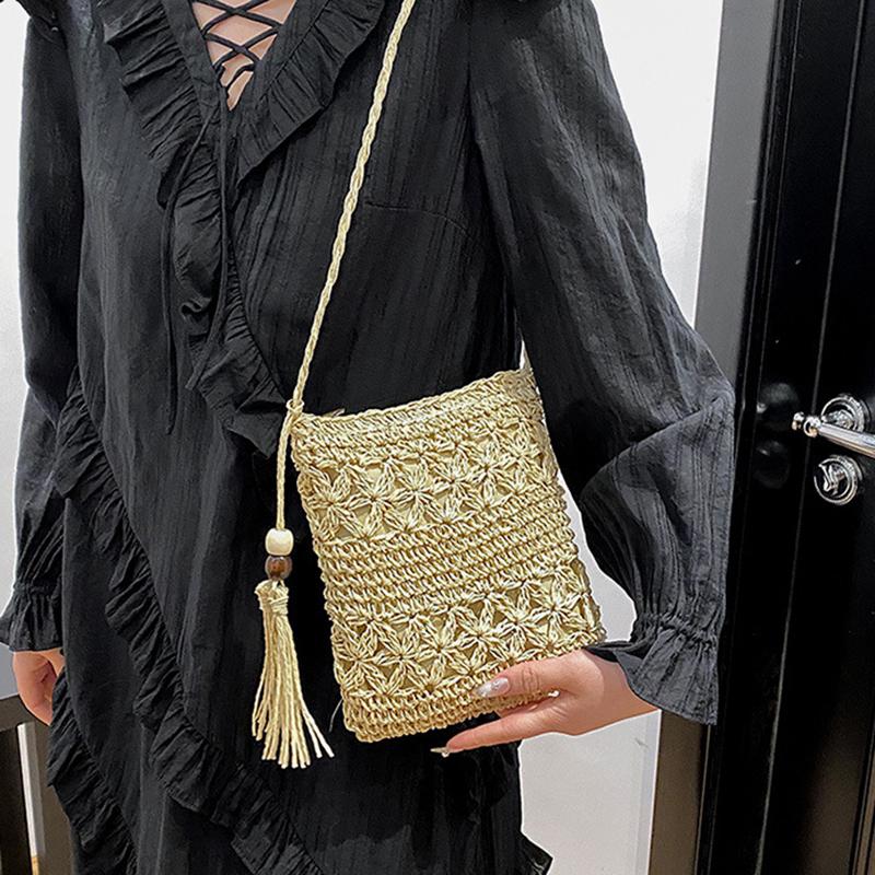Poșetă pentru femei, cu umăr țesut din paie, pentru plajă, cu ciucuri, boho, cu croșetat, poșetă de mână, poșetă