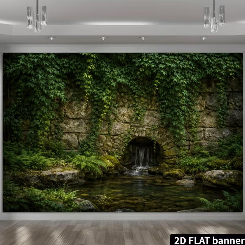 2D Vintage Garden Banner with Mossy Rocks and Ferns Photo Booth Background Cloth