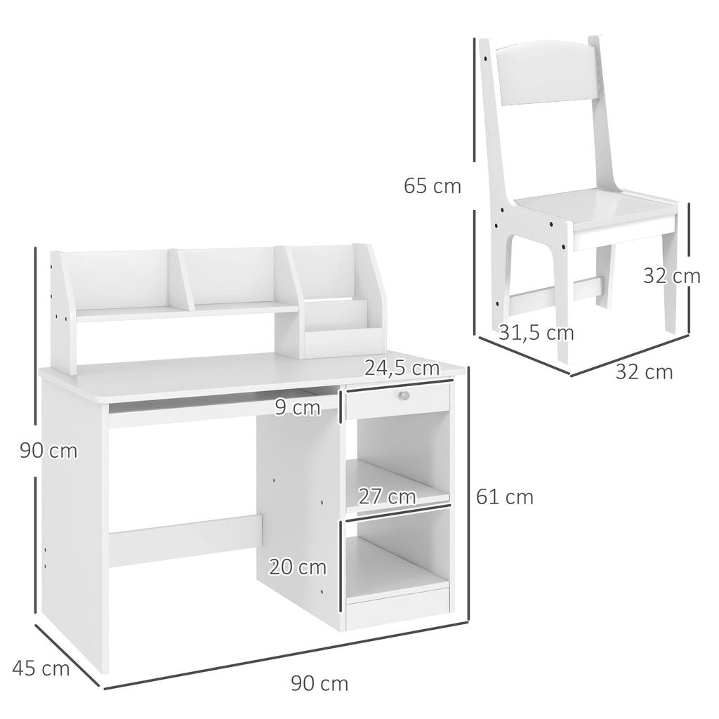 Kids Desk with Ergonomic Chair with Sliding Keyboard Tray Drawer Niches and Open Shelves 90 x 45 x 90 cm White