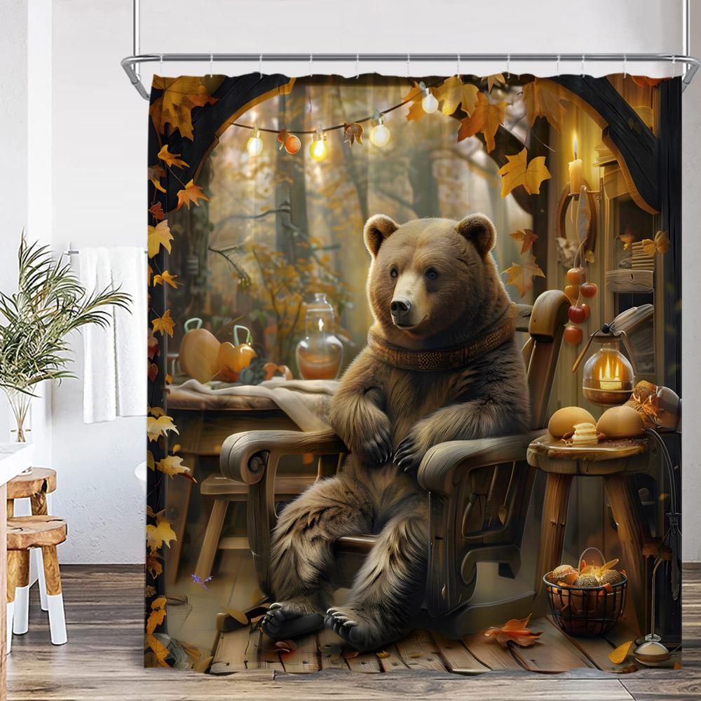 Funny Bear Vintage Shower Curtain Bathing Brown Bear Countryside Cabin Wild Animal Retro Bathroom Decor Polyester Bath Curtain