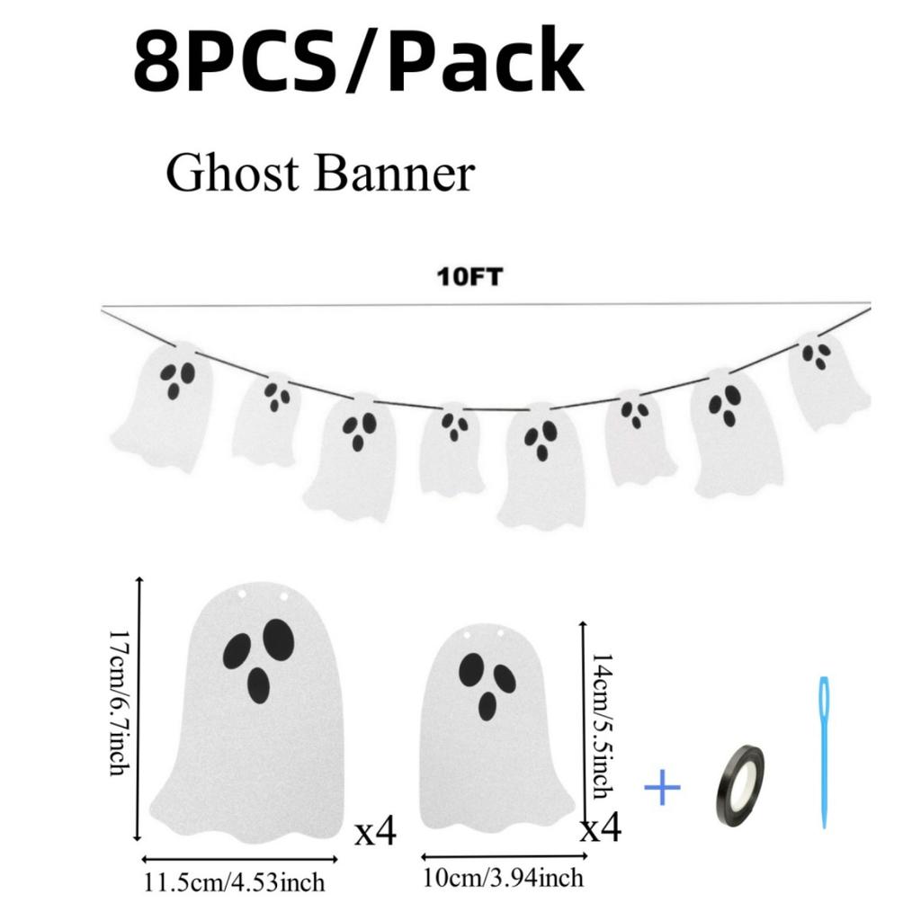 2pack Glittery Halloween Ghost Banner with12/ 24/48pcs 3D Scary Bat Stickers for Halloween Decoration Haunted Houses Decor