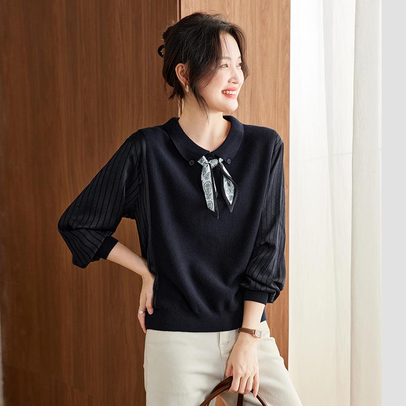 Women's Elegant Autumn Lapel Knitted Sweater, Fake Two-Piece Loose Top