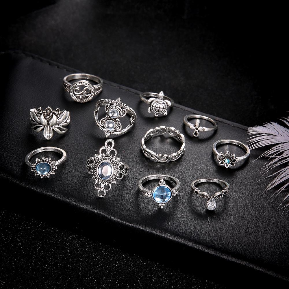 Women Bohemian Carved Unique Crystal Knuckle Rings Set 11 In 1