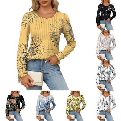 Women's Casual Fashion Long Sleeve Print Pleated Round Neck Shirt Casual Tops
