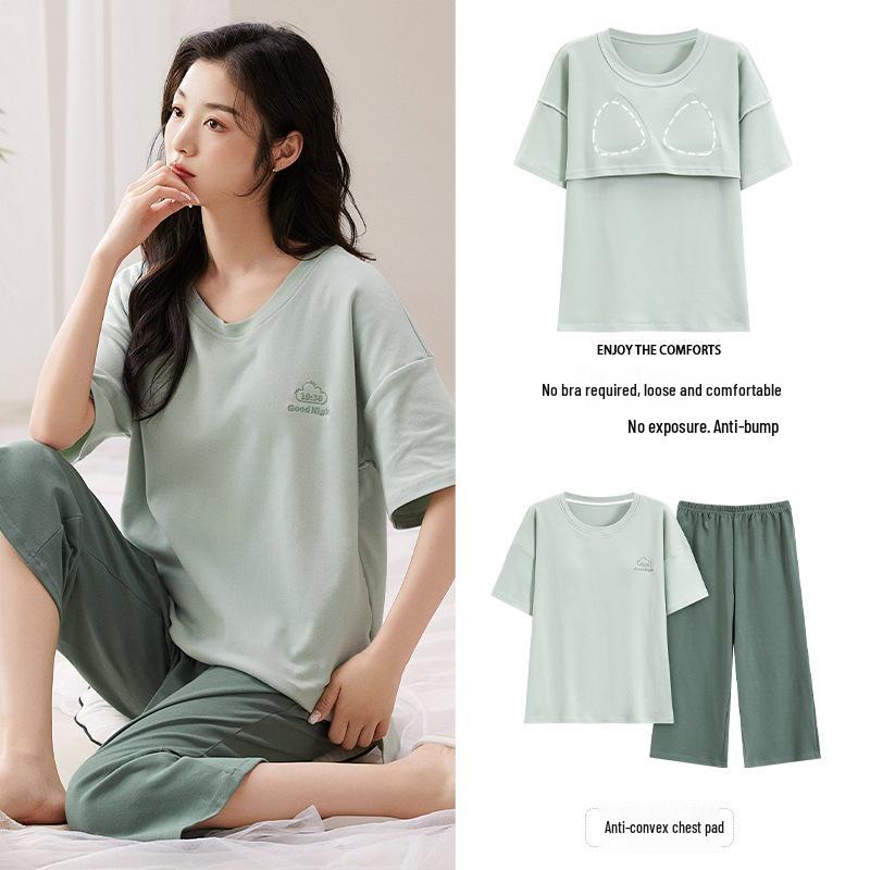 2025 Women's Summer Capri Pajama Set: Short-Sleeve, Thin Cotton with Breast Pads, Versatile for Home or Outside Wear
