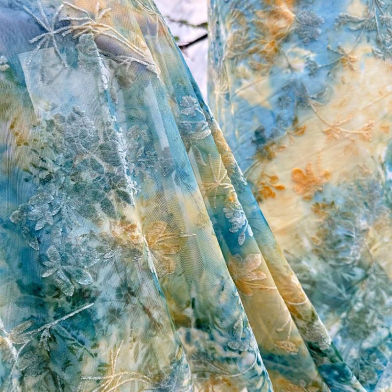 1yard Ocean Green Color Lace Tie-dye Flocking Fabric Burnout Jacquard Velour Cloth African Tulle Fabrics for Dress DIY Clothing