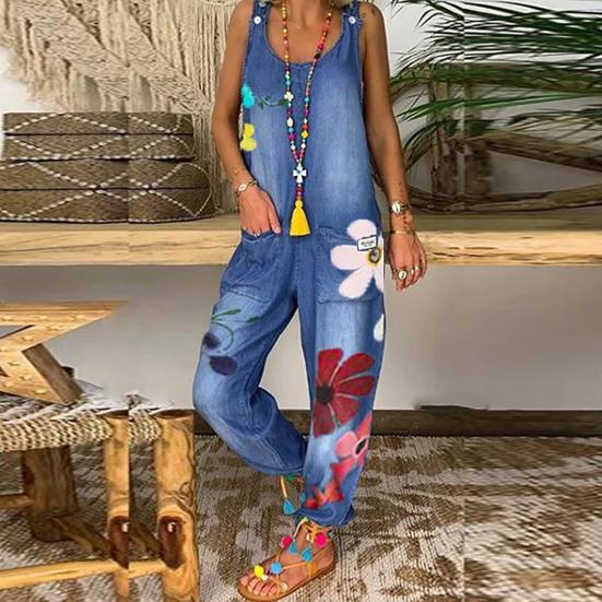 Floral Print Women Jumpsuit Deep Pockets One-piece Long Pants Sleeveless U Neck