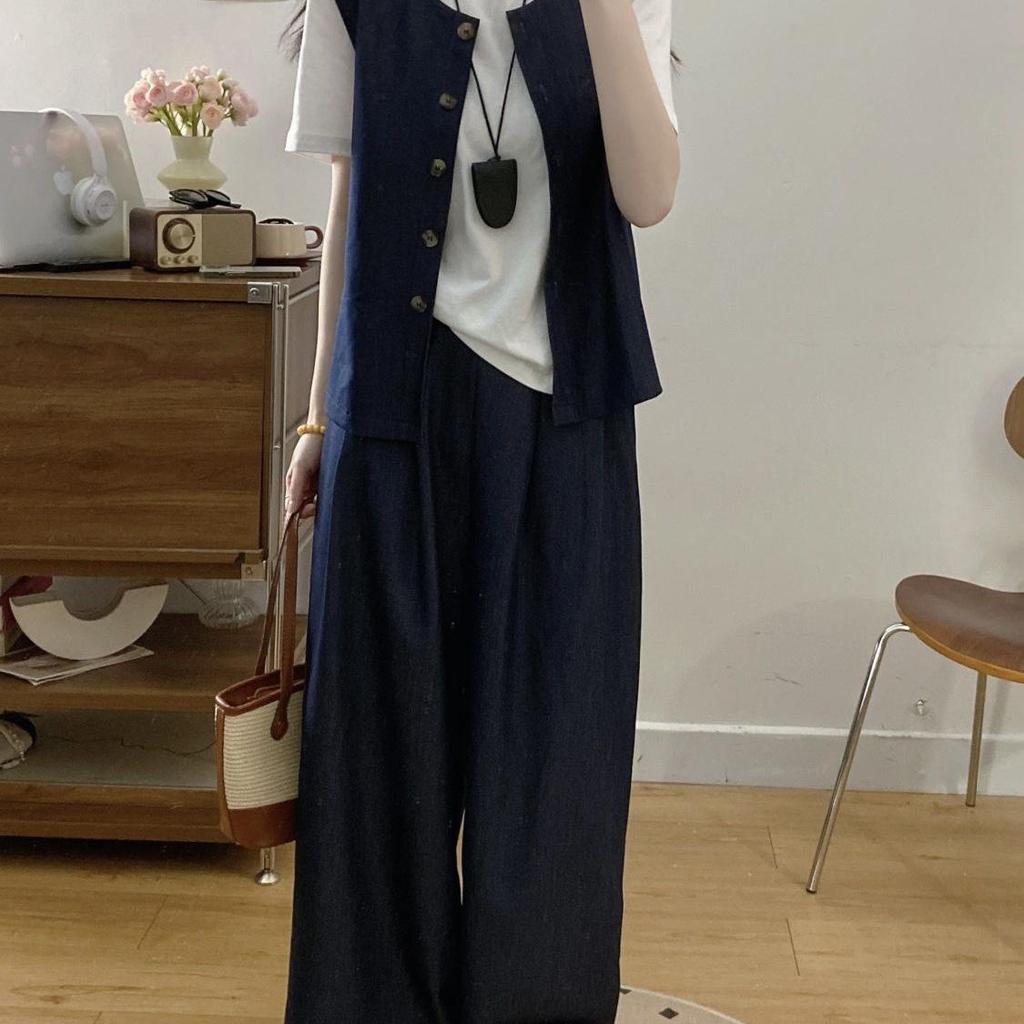 New Plus Size Waist-Cinching Wide-Leg Pants Set: Fashionable Summer Short-Sleeved Vest & Versatile Shirt