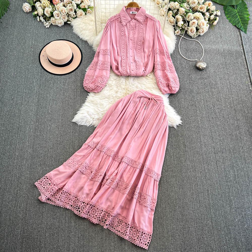 Lace Panel Long Sve Irt And High Waist Flared Skirt Set Women's Faion Ensemble Hollow Out Design Slimming Women Suit 2 Pieces Set