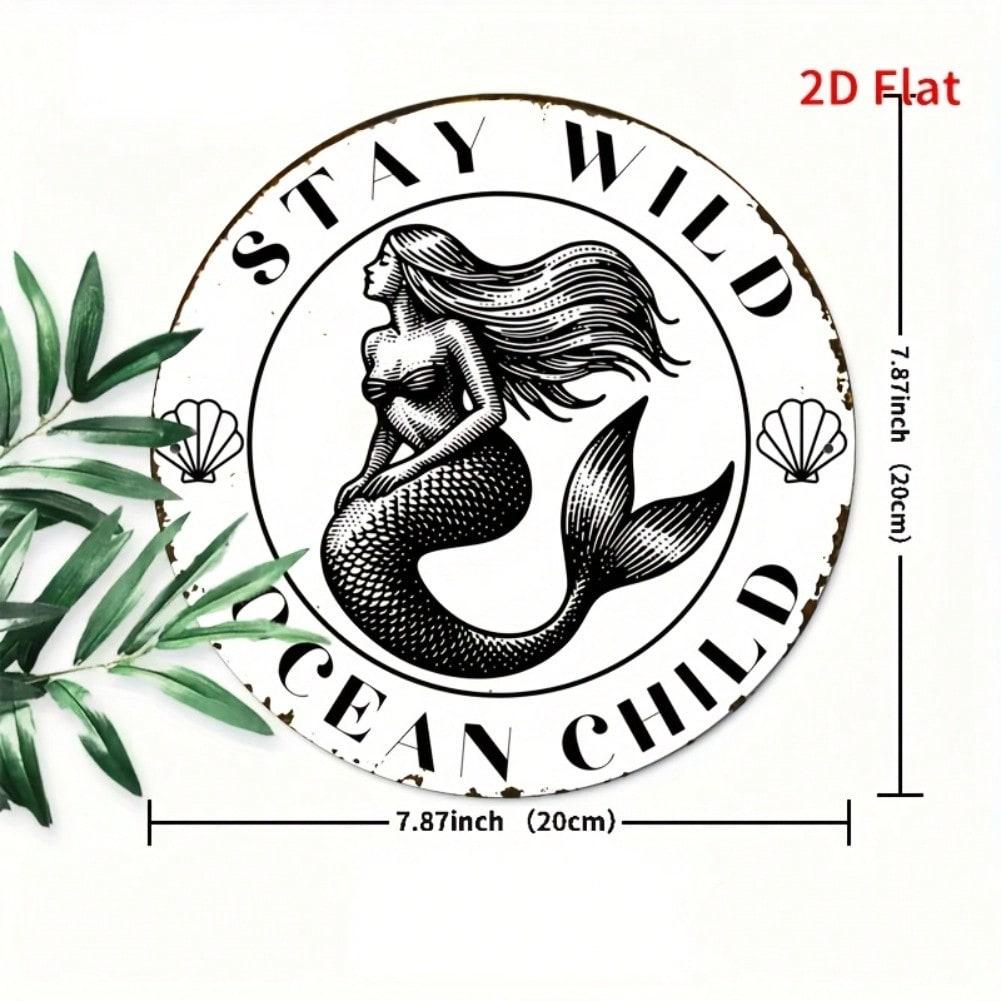 Mermaid Metal Wall Art Sea Shells Starfish Rustic Black White Round Decor 20x20cm 20x20