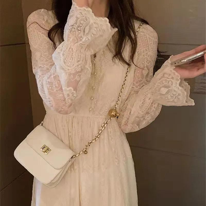 Danmo French Style Dress Women's Spring Autumn Lace Sleeve Slimming Belly-Covering Long Dress
