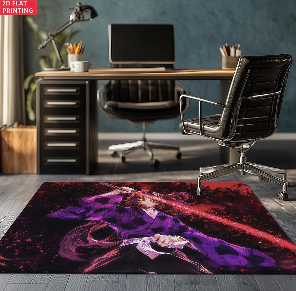 Anime Swordsman Area Rug, Blue Water Wave Theme  Floor Mat, Decorative Carpet for Gaming Room Bedroom, Washable Home Decor Gift
