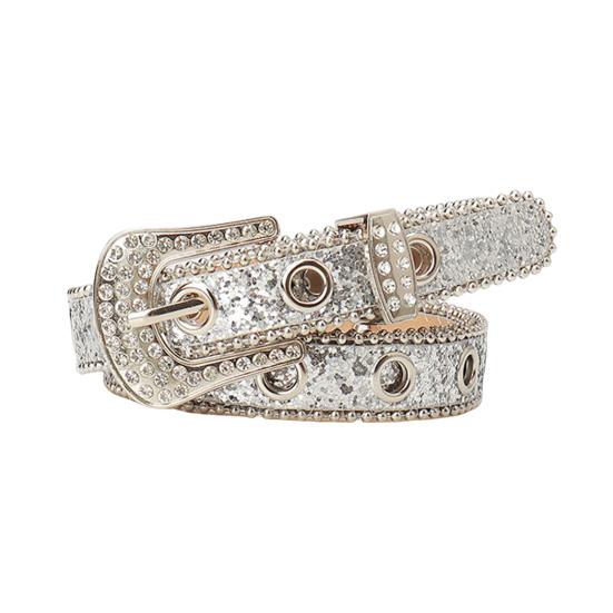 

Женский ремень с блестками, блестящими стразами, множеством отверстий, регулируемой длиной, искусственная кожа, уличный стиль серебряный