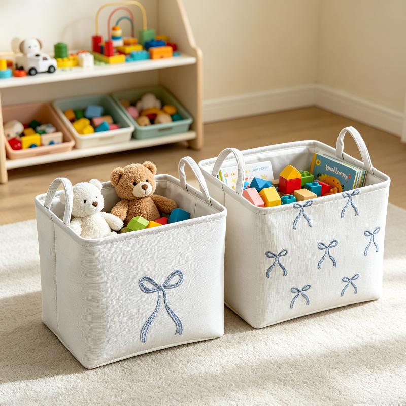 Fabric Storage Basket With Handles Bow Embroidery Foldable EVA Storage Bin Large Capacity Organizer For Home Bedroom Storage