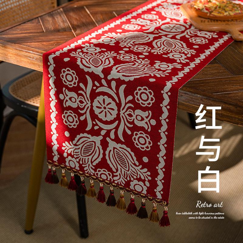 Jacquard Table Runner Vintage Table Table Cover Pastoral Style with Long Strip Fabric Tassel Tablecloth Home TV Cabinet Decor
