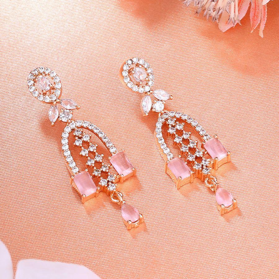 Estele Designer Rose Gold Earrings with CZ Shooting Star and Mint Pink Stones for Women