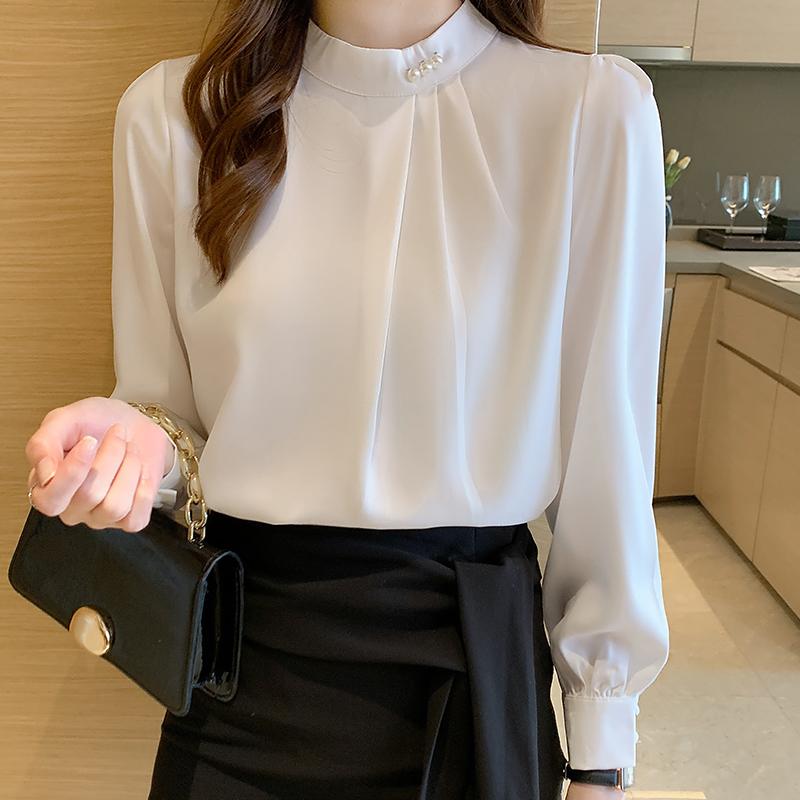 Mode Langarm Weiß Blau Perlen Chiffon Bluse Shirt Frauen Tops J226