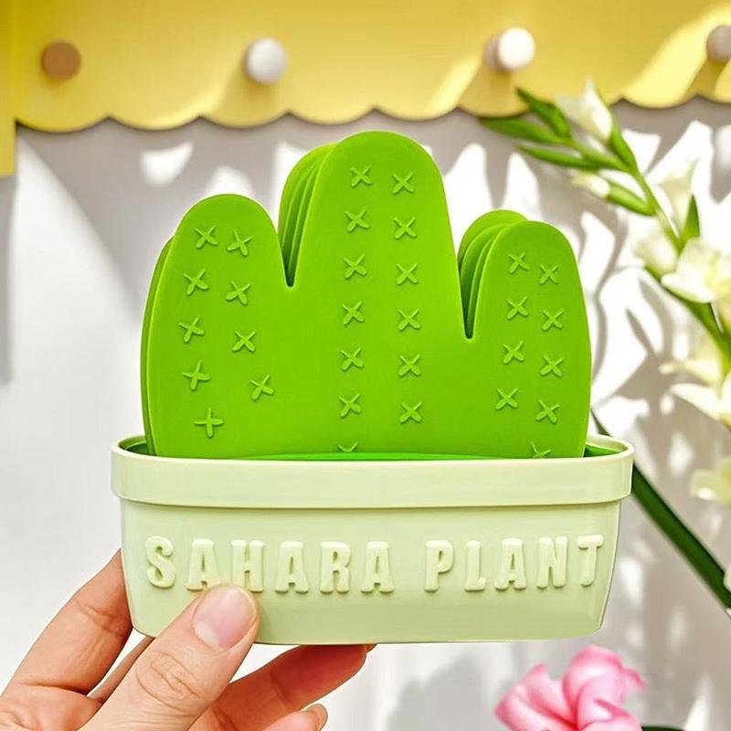 Anti Scald Cactus Coasters Set Anti-Fouling Heat Resistant Cactus Cup Mat With Stand Non-Slip Coaster Flowerpot Holder Tableware