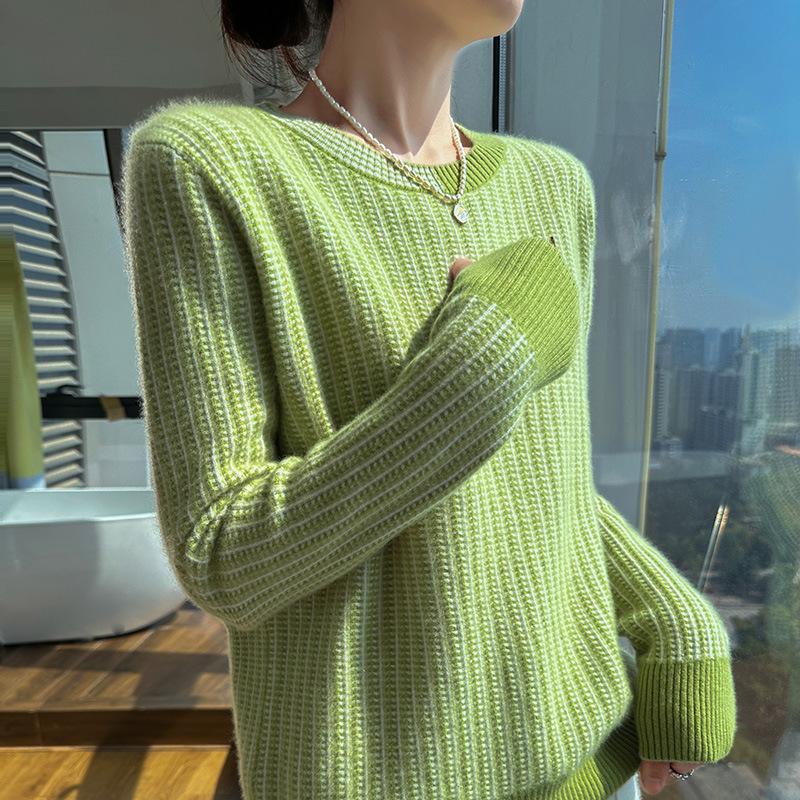 Contrast Color Round Neck Sweater for Women In Autumn and Winter New Loose and Versatile Cashmere Sweater Fashionable Warm Base Sweater Sweater