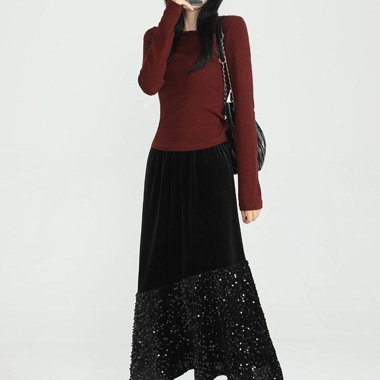 2026 Light Luxury Plus Size Fishtail Sequin Patchwork Skirt for Women S 80-90 lbs чёрный