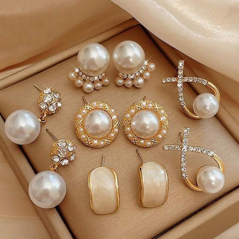6/10/12 Pcs Simulated Pearl Round Square Stud Earrings Small French Elegant Daity Ear Studs for Women Daily Jewelry Sets F