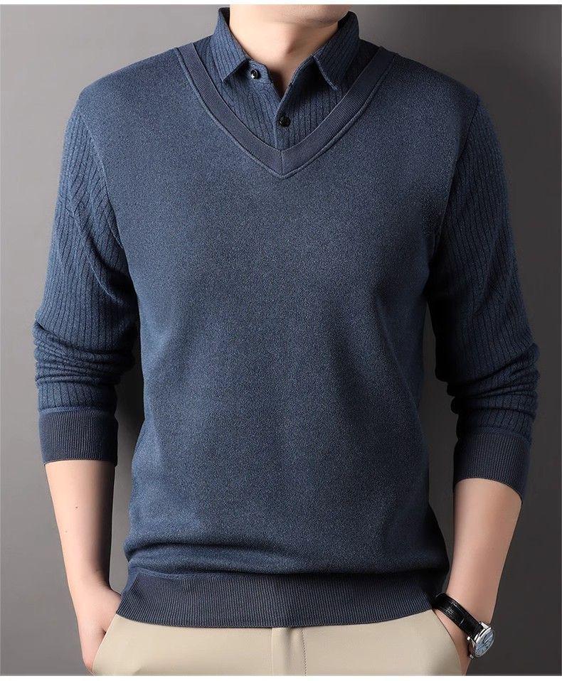 Men's Faux Two-Piece Lapel Knit Sweater - Thermal Velvet Base Layer for Autumn/Winter