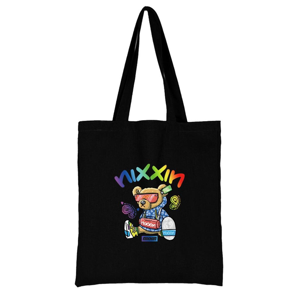 Summer New Teddy Bear Series Canvas Tote Bag Harajuku Style Black Printing High Capacity Shoulder Bag Fashion Shopping Bags