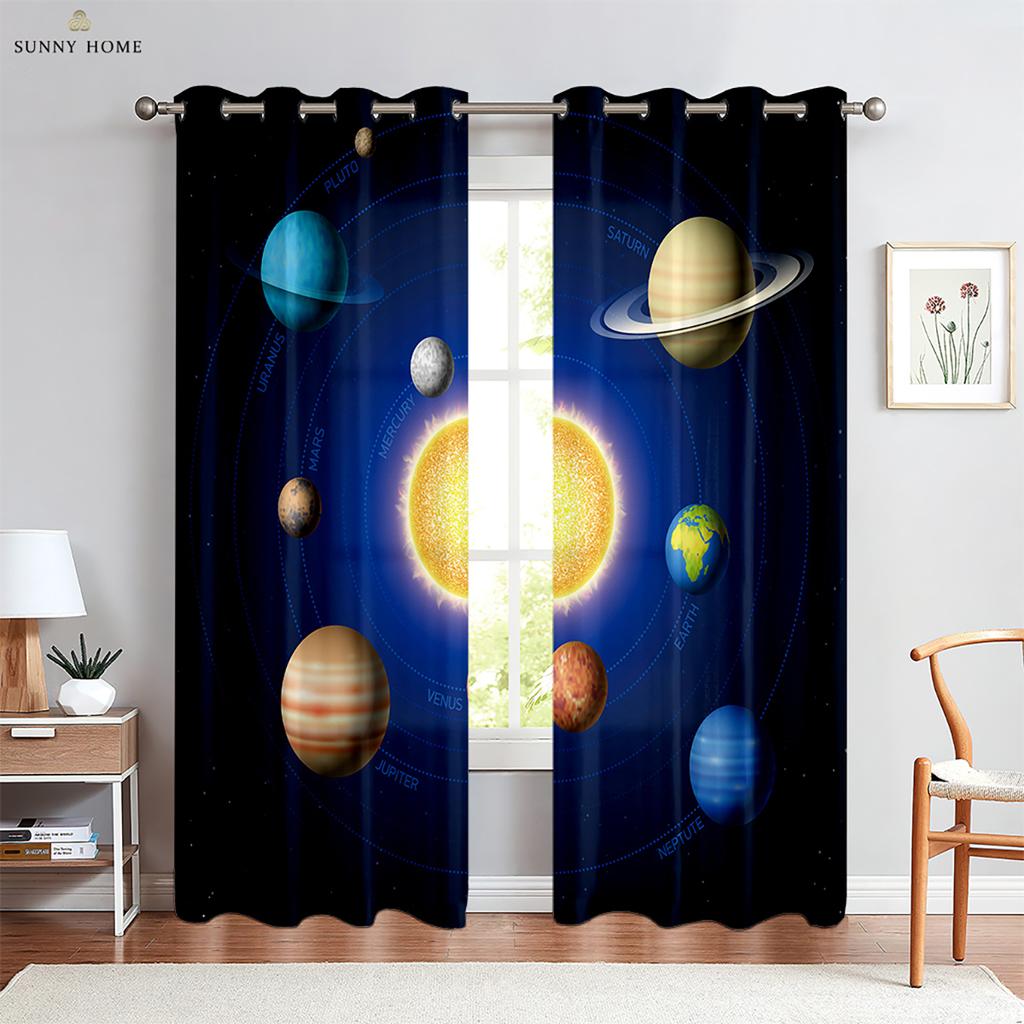 Cartoon Starry Sky Planet Curtains Children's Room Living Room Study Window Decoration Curtains Can Be Customized 2 Pieces