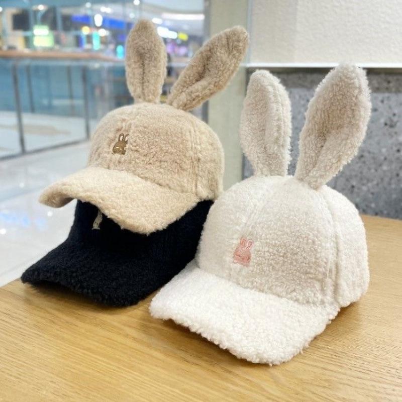 Internet Celebrity Cap Cute Rabbit Ears Baseball Cap Children Autumn and Winter Warm Lamb Wool Show Face Small Embroidery