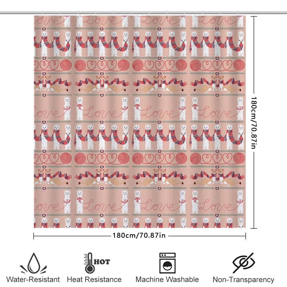 Kawaii Animal Print Shower Curtain Love Heart Dog Pattern For Bath Decor In Pastel Pink Color With Red Scarves Hearts Design
