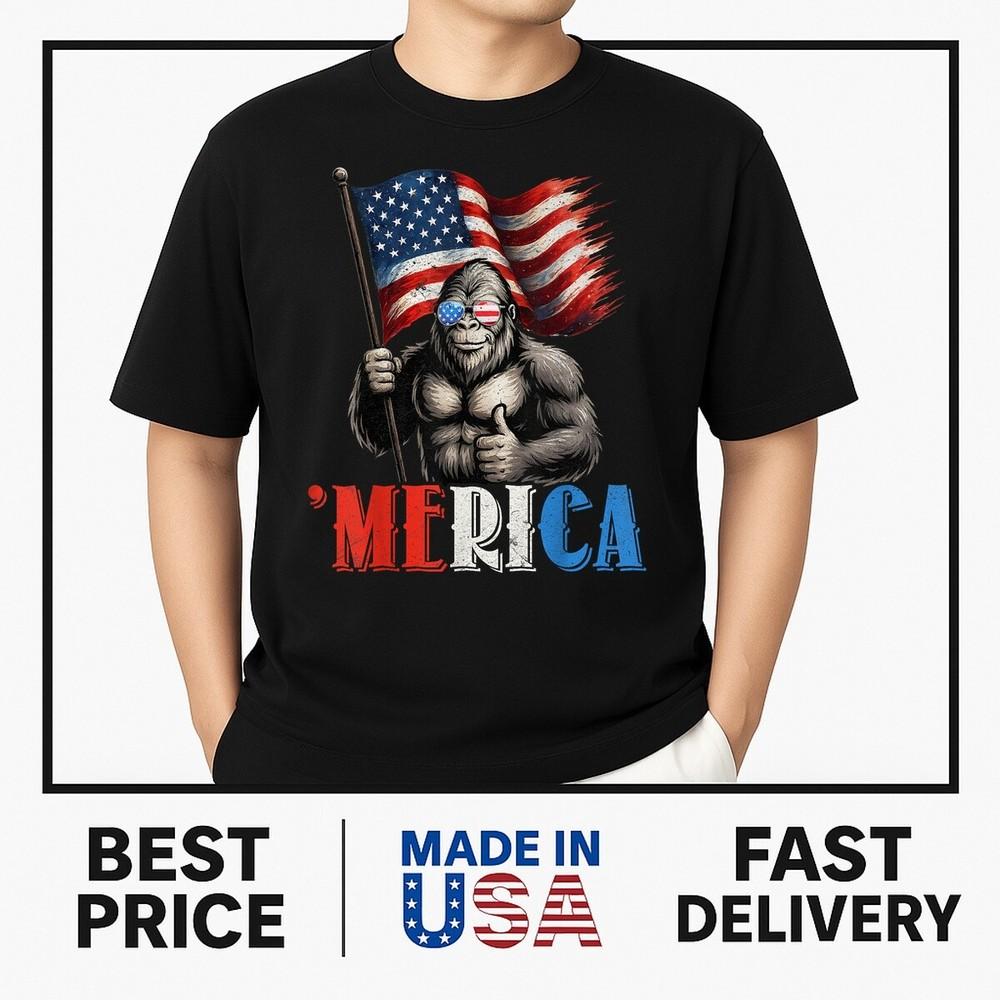 Bigfoot Merica American Flag Patriotic 4th Of July T-Shirt ON TREND Unisex T-Shirt XXL
