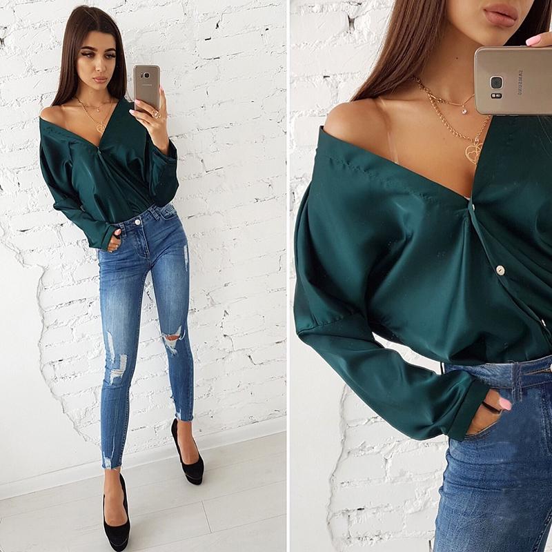 Autumn Tops Solid Color Sexy Deep V-neck Off Shoulder Blouse Autumn Tops Solid Color Sexy Deep V-neck Off Shoulder Blouse