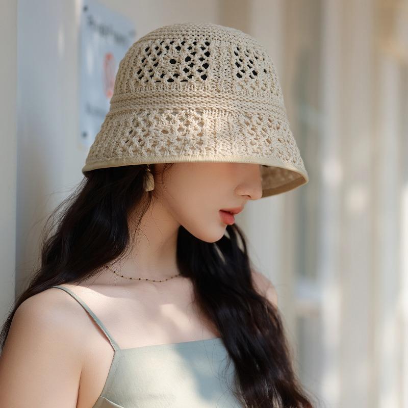 Women S Hollow Knit Breathable Fisherman Hat Sun Protection Face Slimming Casual Sun Hat