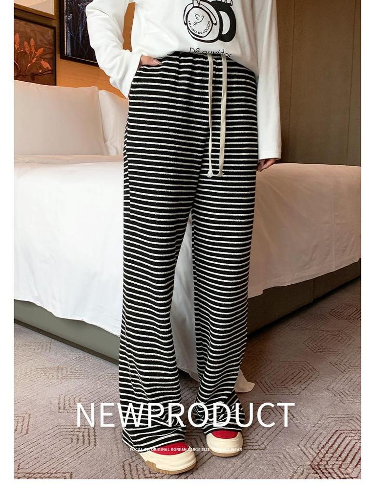 Women's High Waist Striped Terry Cloth Wide Leg Pants - Plus Size, Spring Slimming Draping, Style 63158
