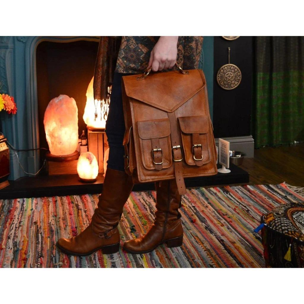 Goat Leather Bag Backpack Laptop Rucksack Vintage Travel Brown Genuine Men's New