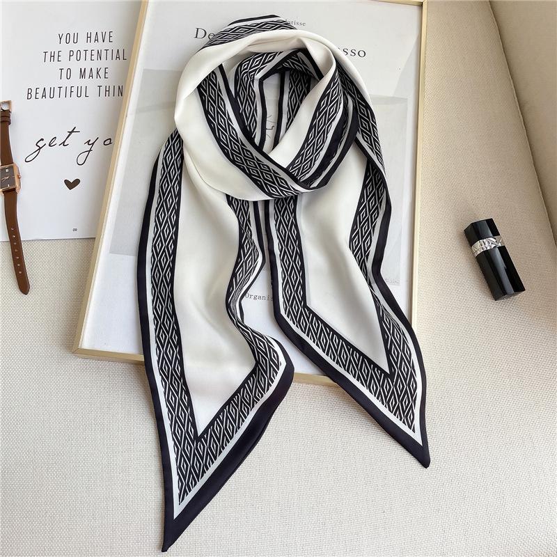 Simple Geometric Long Strip Small Silk Scarf Women's Diagonal Rhombus Decorative Scarf Winter Thin Korean Version Versatile Temperament Streamer
