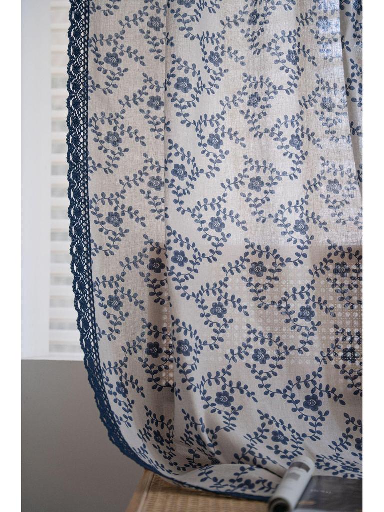 Yimanqiyun Blue Plum Blossom Print Semi-Blackout Kitchen Curtain