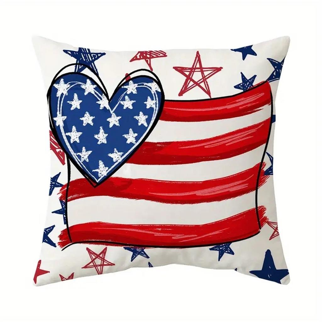 Square Decorative Pillow Cover with Heart and Star Pattern American Flag Print for Sofa Couch Bed Chair Home Office
