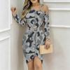 Women Plus Size Cold Shoulder Long Sleeve Pink White Teal Camo Print Irregular Wrap Bodycon Midi Dress
