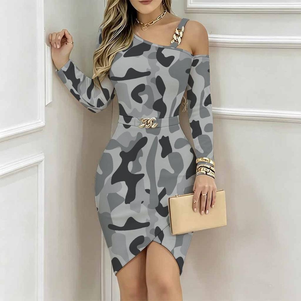 Women Plus Size Cold Shoulder Long Sleeve Pink White Teal Camo Print Irregular Wrap Bodycon Midi Dress