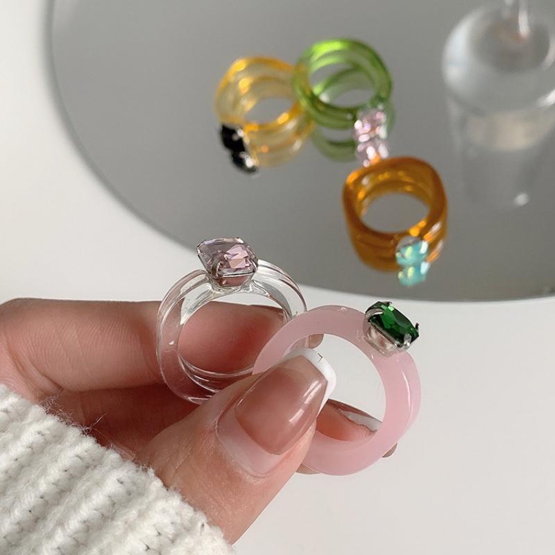 Fashion Simple Inlaid Colorful Zircon Resin Ring Women Sweet Cute Birthday Party Commemorative Jewelry Gift