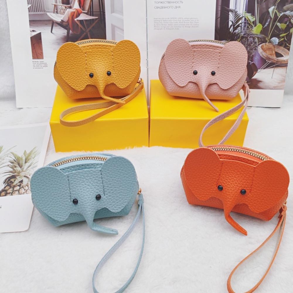 Versatile PU Elephant Bag Hasp Zipper Clutch Vintage Bag Pendant Solid Color with Loose Change Storage Keychain Outgoing