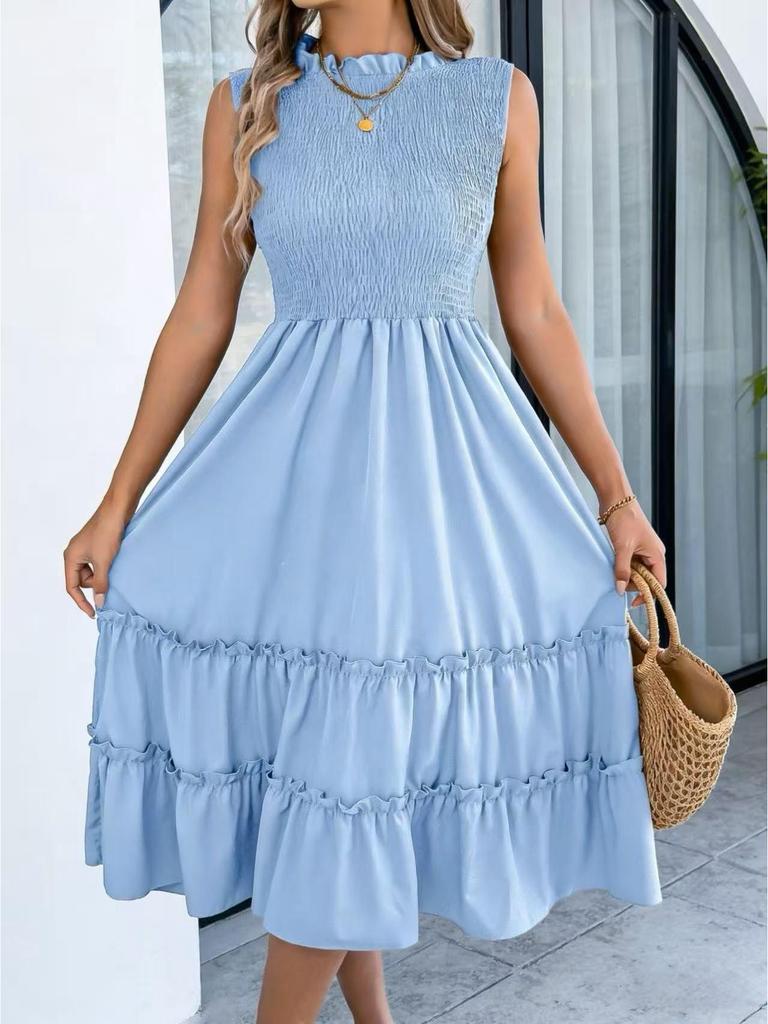 2026 Spring/Summer Sleeveless Smocked Waist Ruffle Hem Maxi Dress - Women's Casual European and American Style