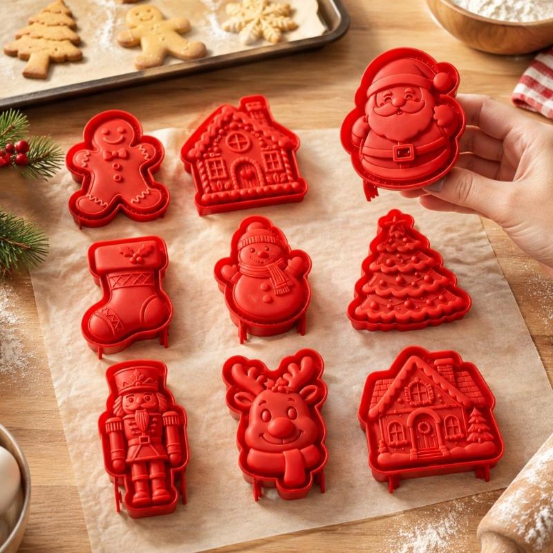 Feiertags-Backformen mit Oberflächenlinien, Neun Weihnachtsfiguren zur Herstellung von gemischten Kuchen und dekorativen Backwaren für saisonale Projekte