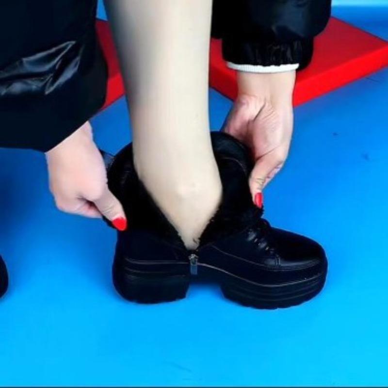 Thick-soled Martin boots female soft leather short boots winter velvet cotton shoes leather snow boots
