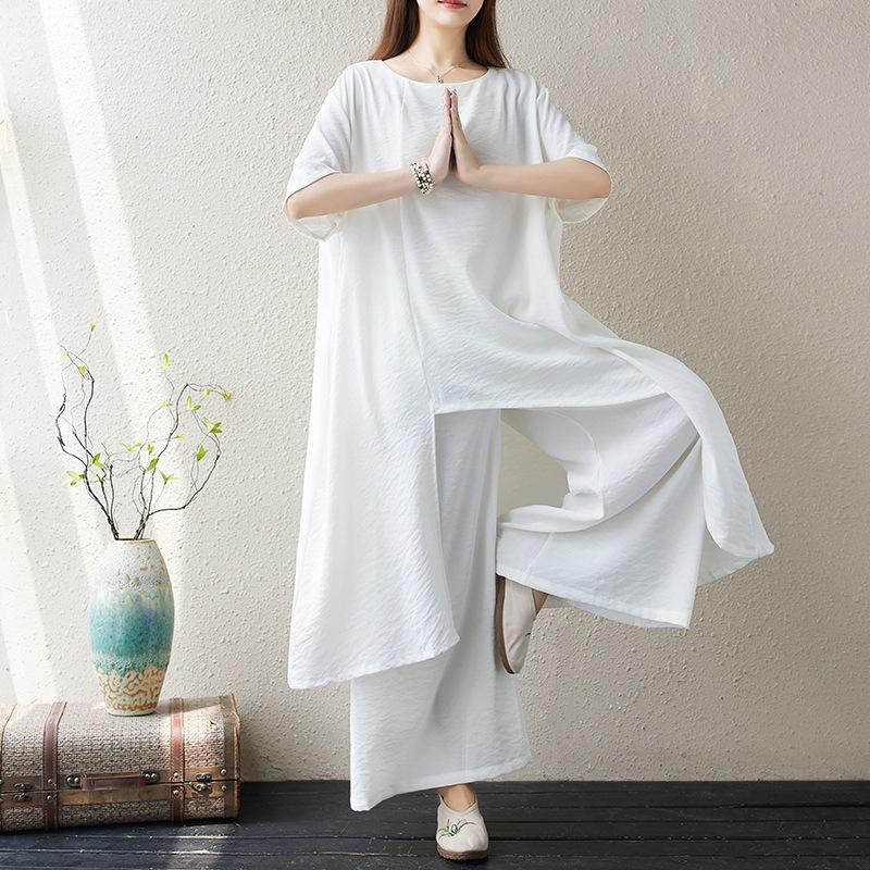 

Real Shot Plus Size Irregular Cotton & Linen Women s Slimming Long White Shirt with Versatile Wide-Leg Pants for Spring & Summer. L